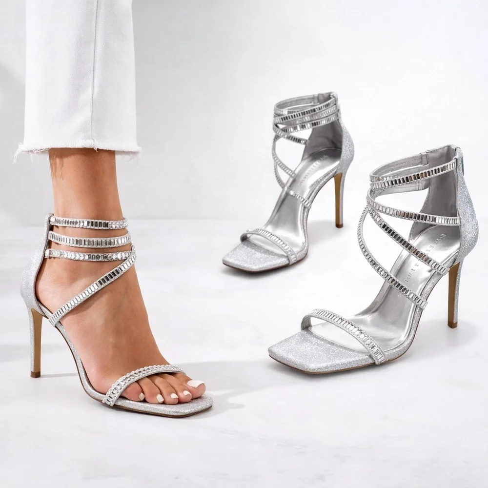 GIANNI BINI Silver Glitter Heels Women Strappy Rhinestone Sandals Size 9.5
